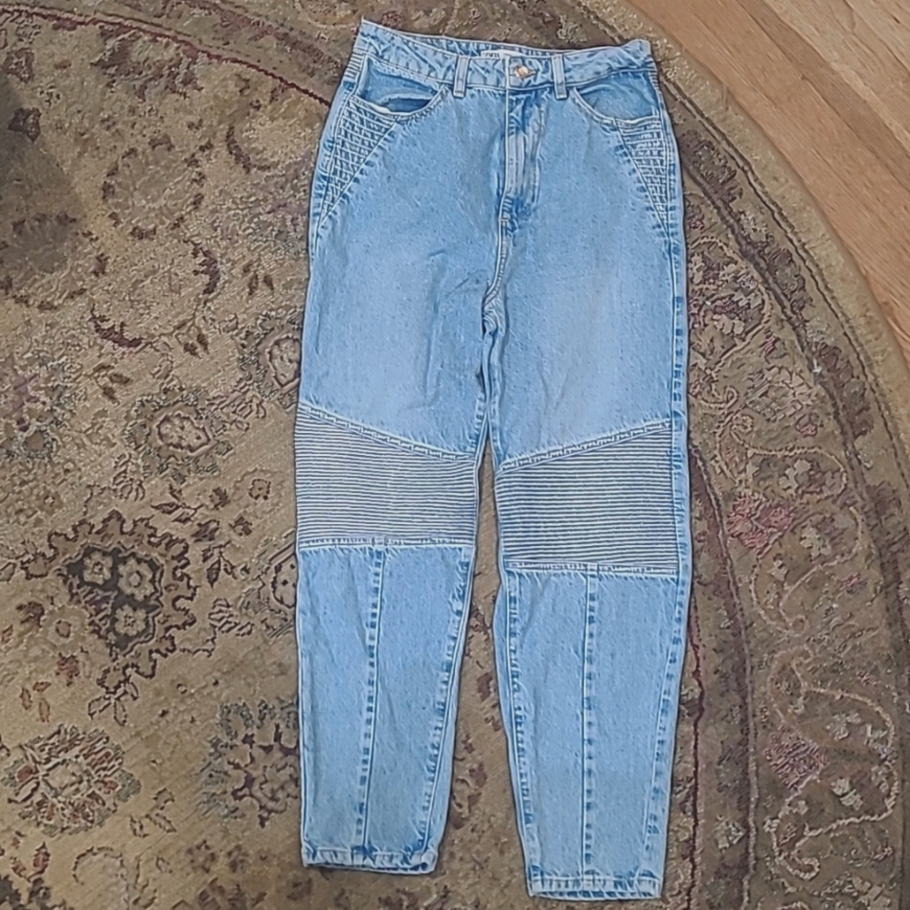 Zara Moto Jeans Biker Mom Fit Ankle length High Rise Blue Denim Jeans